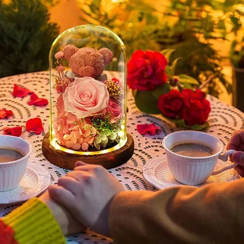 Ebedi Çiçek Oyuncak Ayı Cam Kapak LED Korunmuş Gül sevgililer Günü Yıldönümü noel hediyesi Kadınlar Kızlar İçin