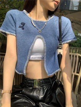 ADAgirl Düzensiz Kırpma Üstleri Kadın Kore Moda Bölünmüş Kısa Kollu Triko T-Shirt Y2k Kpop Tasarım Estetik Elbise Alt Ins