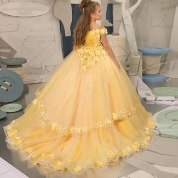 Zarif Sarı Çiçek Kız Elbise Tül Boncuk Aplike Pageant Doğum Günü Kızlar İçin İlk Communion Elbise Çocuklar balo kıyafetleri