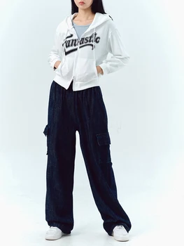 Kadınlar Vintage Hoodies Grunge Mektup Baskı Fermuarlı Kırpılmış kapüşonlu eşofman üstü Sonbahar Uzun Kollu Slim Fit Ceket