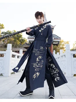 Çin Geleneksel Tarzı Antik Kostüm Hanfu Seti Erkekler İçin Sonbahar Giyim Ming Hanedanı Elbise Nakış Uzun Gömlek Kız Kılıçlı
