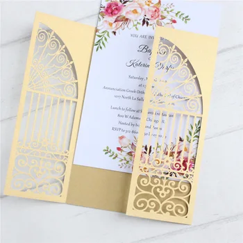 Kapı lazer kesim düğün davetiyeleri altın yeşil lacivert çok renkler inci kağıt kişiselleştirilmiş baskı