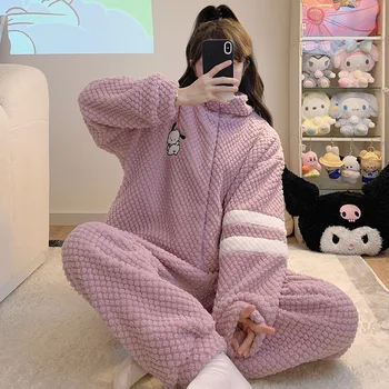 Sanrio Pijama Kuromi Pochacco Kawaii Anime Kalınlaşmış Giyilebilir Gül Kadife Kış Loungewear Sıcak Mercan Kadife 2 Adet Setleri Hediye