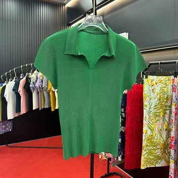 Miyake issey miyake Pilili düz Renk yakalı tişört 2024 Yaz Yeni Yaka İnce kadın Üstleri En İyi POLO GÖMLEK Basit Gevşek Esneklik ile