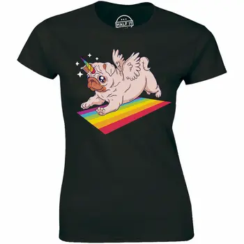 Sevimli Unicorn Pug Komik Sihirli Gökkuşağı Pugicorn kadın T-shirt Hediye Tee