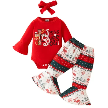 3 Parça Güz Kız Kıyafet Setleri Karikatür Sevimli Mektup Baskı Kırmızı Bodysuit + Alevlendi Pantolon Noel Giysileri Yeni Doğan Bebek Giyim BC1409