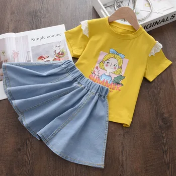 Menoea Bebek Kız giyim setleri 2023 Yeni Yaz Karikatür Baskı Dantel T-shirt Ve Kot Etek Kıyafetler Çocuk Rahat Takım Elbise 2-6Y