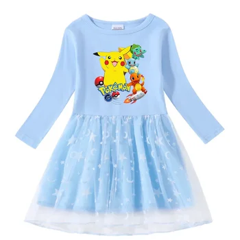 MİNİSO Pikachu 2023 İlkbahar ve Sonbahar Yeni Kız Elbise Baskılı Karikatür Yıldız ve Ay Örgü Uzun Kollu Prenses Elbise