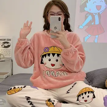 Yeni Kawa Sevimli Maruko Pijama Gecelik yuvarlak boyun Seti Kış Kalınlaşma Mercan Kadife Gecelik Ins noel hediyesi Çocuklar İçin