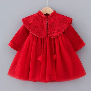 Bebek Kız Tang Takım Elbise Çin Tarzı 2023 Kış Dantel Şal A-Line Kızlar Kış Elbise Sıcak Kırmızı Yeni Yıl Partisi Peri Prenses Elbise