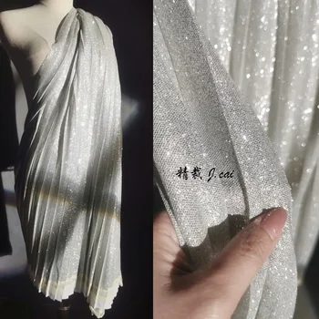 Süper Flaş Gümüş Organ Pilili Pilili Örme Kumaş Pilili Sahne düğün elbisesi Kumaş Tasarımcısı Kumaş
