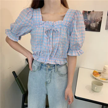 Yaz 2023 Harajuku Ekose Tişörtleri Vintage Puf Kollu Ruffles tee gömlek Kare Yaka Kısa Rahat Gevşek Tatlı kadın Giysileri
