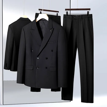 2023 Yeni (Blazer + Pantolon) erkek Moda Rahat Kruvaze Mikro Elastik İş düğün elbisesi Profesyonel 2 parçalı Set