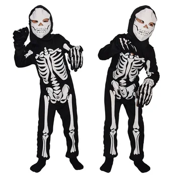 Kostum Cadılar Bayramı Anak-anak Tulum Cosplay Tengkorak Kerangka Pakaian Kerangka Menakutkan Tulang Hantu Kostum