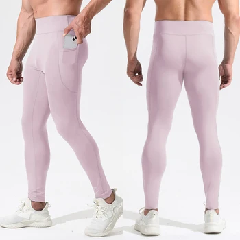 Sıkıştırma Tayt Spor Tayt Cep Yüksek Bel fitness pantolonları erkek Pembe Nefes Elastik Çıplak Duygu Dikişsiz Pantolon