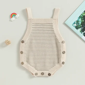 Bebek Bebek Kız Örgü Tulum Düz Renk Nervürlü Kolsuz Kare Boyun Düğme Kapatma Romper Tulum Kıyafetler