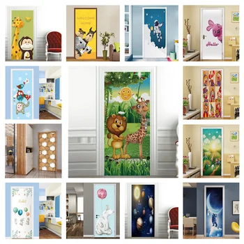Karikatür Çocuk Kapı Sticker Çocuklar için Erkek Kız Odası Yatak Odası 3d Duvar Kağıdı Orman Aslan Zürafa Dekorasyon Kendinden yapışkanlı Duvar