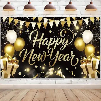 Mutlu Yeni Yıl Zemin Afiş Siyah ve Altın Balon Fotoğraf Arka Plan Parti Süslemeleri için fotoğraf kabini Stüdyo Sahne