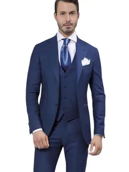 3 Adet Erkek Takım Elbise Moda Tasarım Lacivert Düğün Damat Smokin Ince erkek takım elbise Parti Elbise Sabah Tarzı (Ceket + Pantolon + Yelek + Kravat)