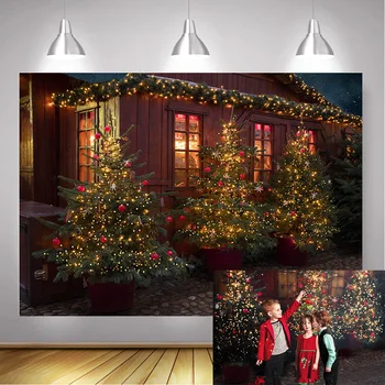 Fotoğraf Arka Plan Noel Ahşap Ev Photocall Noel Ağaçları Zemin Kış Sokak Çocuk Portre Fotoğraf Çekimi