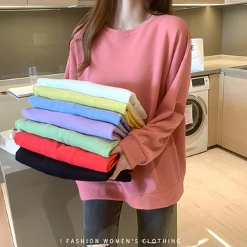 2023 İlkbahar Sonbahar Uzun Kollu Casual pamuklu üst giyim kadın Katı Gevşek O-boyun Kazak Polyester Öğrenci Tişörtü Kadın