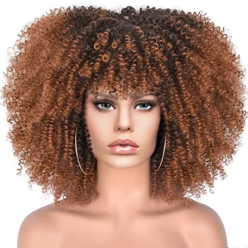 Ombre Afro Kinky Kıvırcık kahküllü peruk Kısa Kıvırcık Peruk Siyah Kadınlar İçin Cosplay Doğal Saç Renkli Sarışın Pembe Sentetik peruk