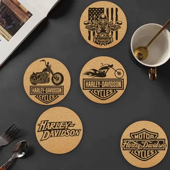 Dıy Kazınmış Motosiklet H-Harleys Davidsons Yuvarlak Mantar Coaster Kahve Kupa İçecek Tutucu Mutfak Doğal Ahşap Mat Sofra