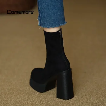 Comemore 2023 Moda Kışlık Botlar Orta Buzağı Düz Renk Akın Yüksek Topuklu Fermuar Tıknaz Topuk Ayakkabı Kadın tasarım ayakkabı Kadınlar için