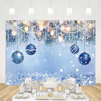 Kış Noel Zemin Mavi Çan Glitter Bokeh Kar Tanesi İnci Fotoğraf Arka Plan Parti Dekorasyon Afiş Stüdyo Sahne