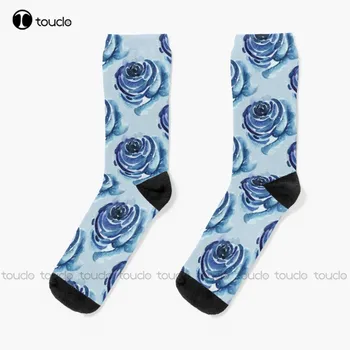 Mavi Gül Suluboya Çorap Vintage Çiçek Desen Sokak Kaykay Çorap 360° Dijital Baskı Noel Yeni Yıl Hediye Özel Hediye