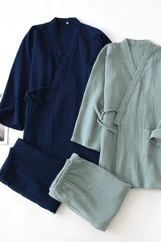 Ilkbahar Ve Sonbahar erkek Pijama Saf Pamuk Yıkama Ev Takım Elbise Tam Pamuk Krep Japon artı boyutu Kimono Geliştirilmiş Hanfu