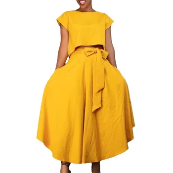 Seksi uzun elbise Seti Casual Bayanlar Afrika Seti Katı Kısa Kollu Üst Gevşek Etek 2 Parça Set 2023 Yaz Zarif Bayan Giyim