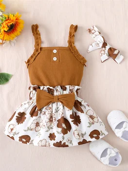 3 ADET Giysi Set Bebek Kız için 3-18 Ay Kolsuz Katı Bodysuit + Çiçek Etek + Kafa Bandı Yaz Bebek Kız Rahat Kıyafet Takım Elbise