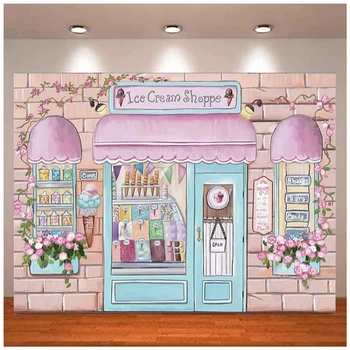 Dondurma Dükkanı Fotoğraf Backdrop Pembe Çiçek Tatlı Şeker Arka Plan Doğum Günü Partisi Dekorasyon Bebek Çocuk Fotoğraf Çekimi Studio