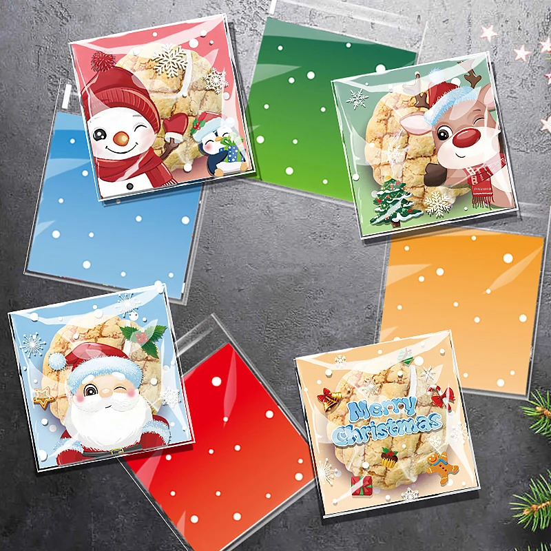 100 Adet Noel Şeker Çerez hediye keseleri Plastik Kendinden yapışkanlı Bisküvi Aperatif Ambalaj Poşetleri Noel Partisi Dekoru İyilik Görüntü 0