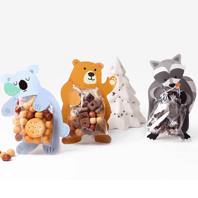 100 Takım Şeker Torbaları Plastik Çocuklar Doğum Günü Partisi Eğlenceli Yaratıcılık Karikatür Hayvan hediye çantası Bebek çikolatalı kurabiye kalıbı Kağıt Ambalaj Çantası Görüntü 1