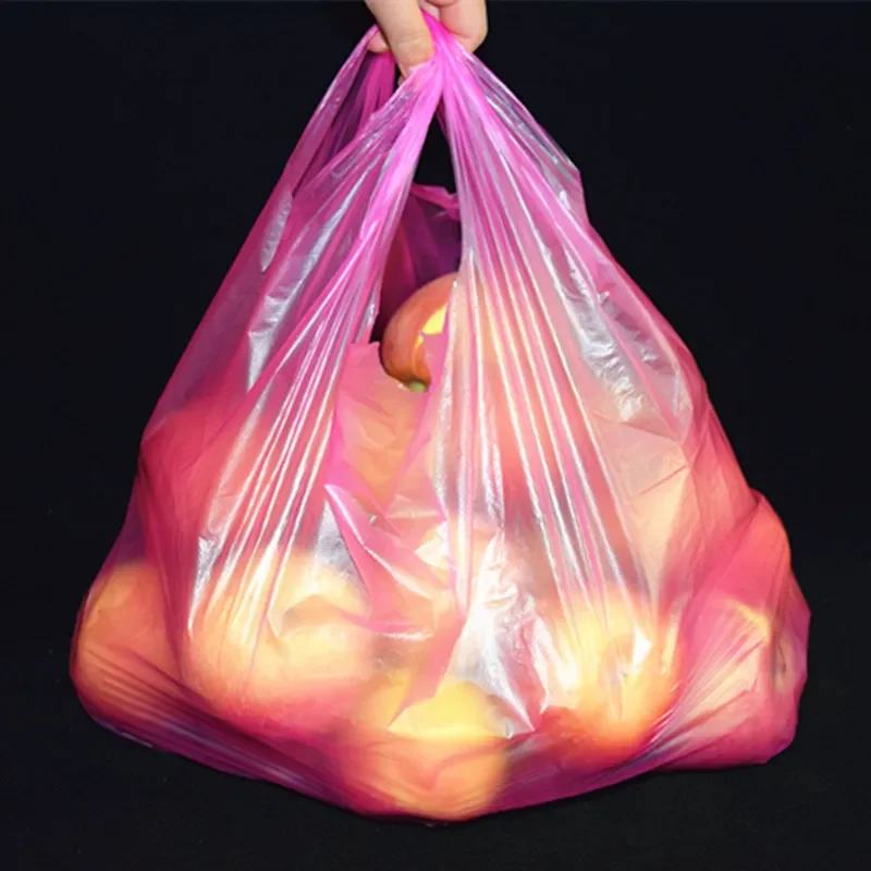 100 adet Pembe Plastik Torba Kalınlaşmak Perakende Süpermarket Bakkal alışveriş çantası Mutfak Depolama Temiz Tek Kullanımlık çöp torbası Görüntü 2