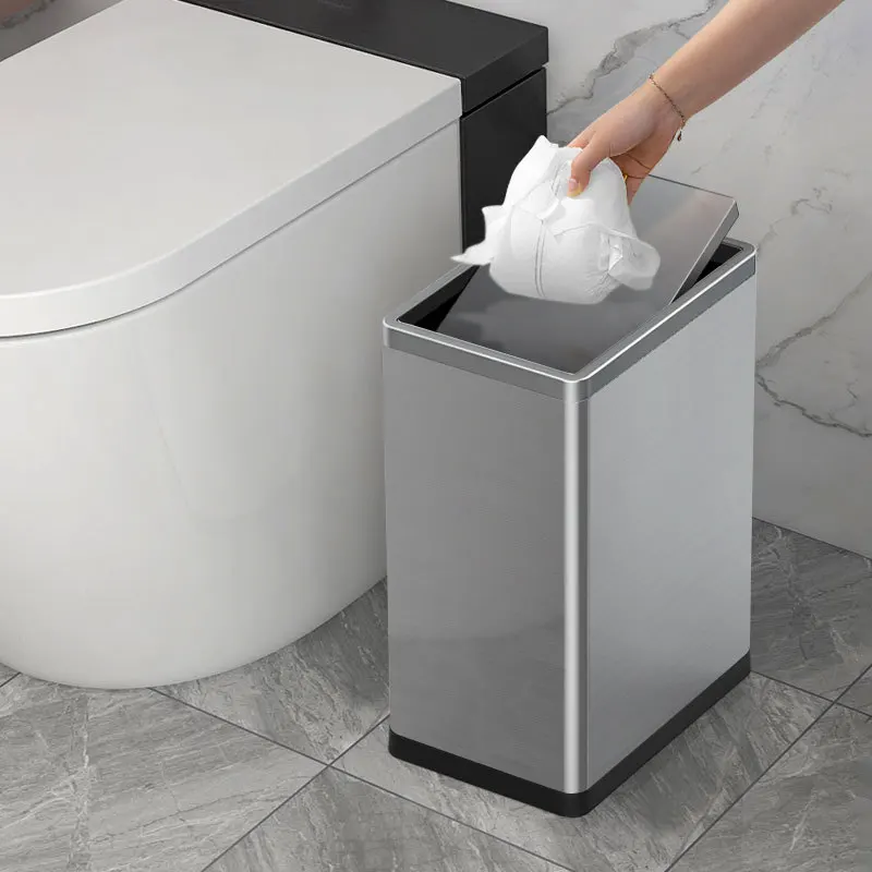 10L Paslanmaz Çelik çöp tenekesi Salıncak Üst Kapaklı Sessiz Yakın Mutfak Ofis Tuvalet Su Geçirmez Dar çöp kutusu Ev Çöp Kovası Görüntü 3
