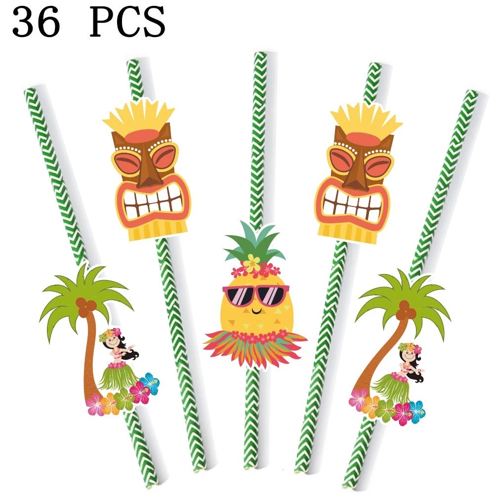 36 adet Kağıt Payet Hawaii Ananas Maskesi Plaj Parti Kartı Suyu Saman Doğum Günü Partisi dekorasyon kağıdı pipet Malzemeleri Görüntü 1