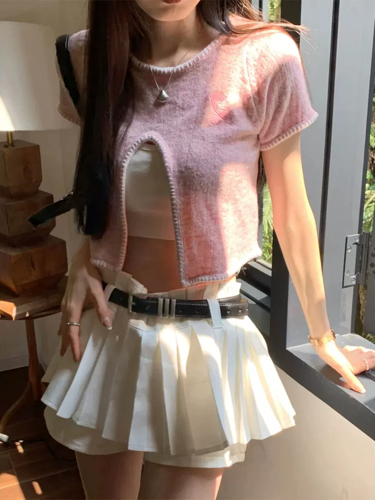 ADAgirl Düzensiz Kırpma Üstleri Kadın Kore Moda Bölünmüş Kısa Kollu Triko T-Shirt Y2k Kpop Tasarım Estetik Elbise Alt Ins Görüntü 4