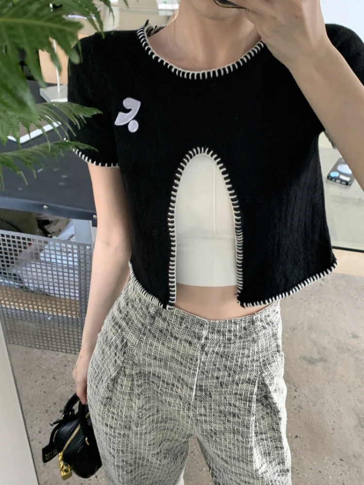 ADAgirl Düzensiz Kırpma Üstleri Kadın Kore Moda Bölünmüş Kısa Kollu Triko T-Shirt Y2k Kpop Tasarım Estetik Elbise Alt Ins Görüntü 5