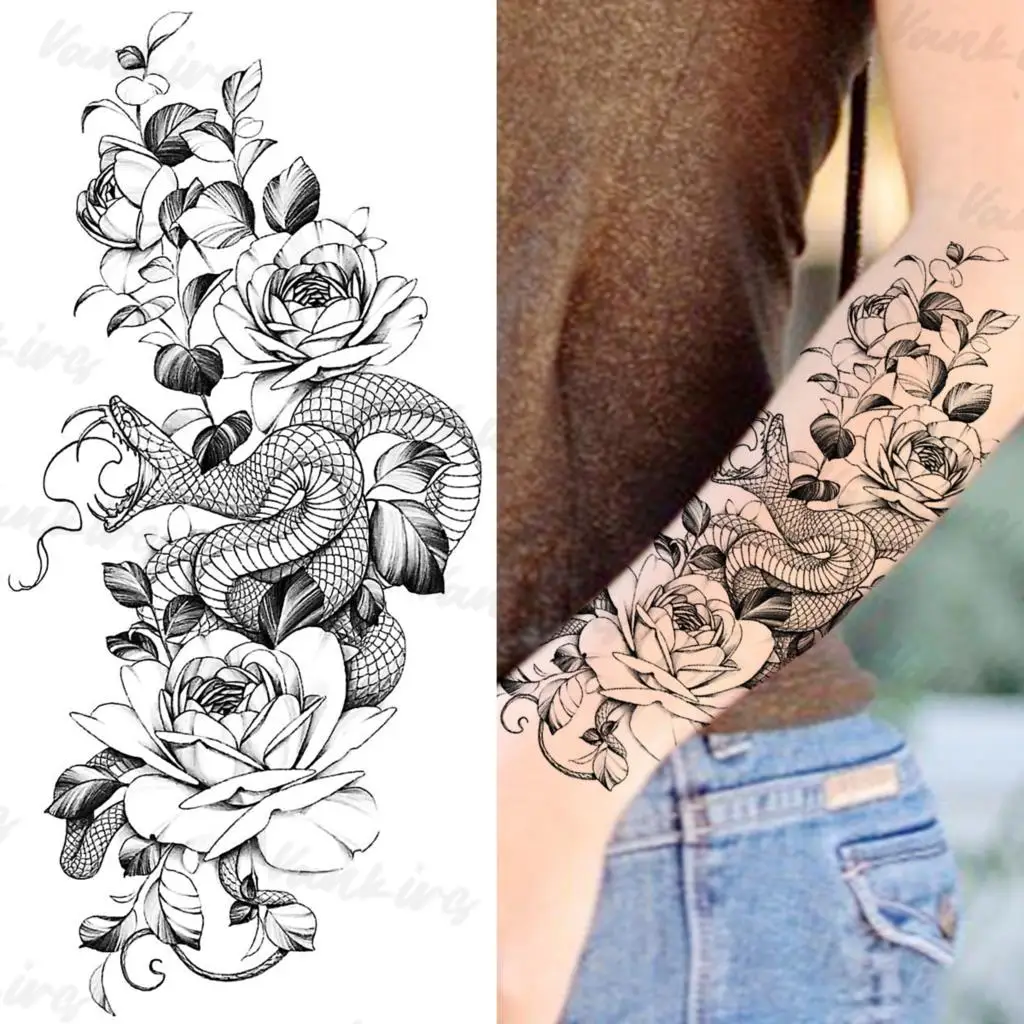 Büyük Siyah Yılan Dahlia Geçici Dövmeler Kadınlar Yetişkinler İçin Gerçekçi Flora Çiçek Sahte Dövme Etiket Kol Bel Su Geçirmez Dövmeler Görüntü 5
