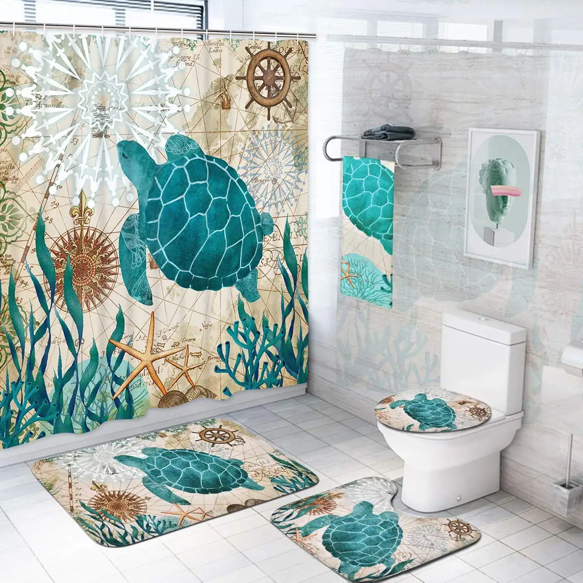 Deniz Kaplumbağası Duş perde seti Kaymaz Halılar Tuvalet kapak Banyo Paspas Deniz Okyanus Banyo Perdeleri Dayanıklı Su Geçirmez Görüntü 2