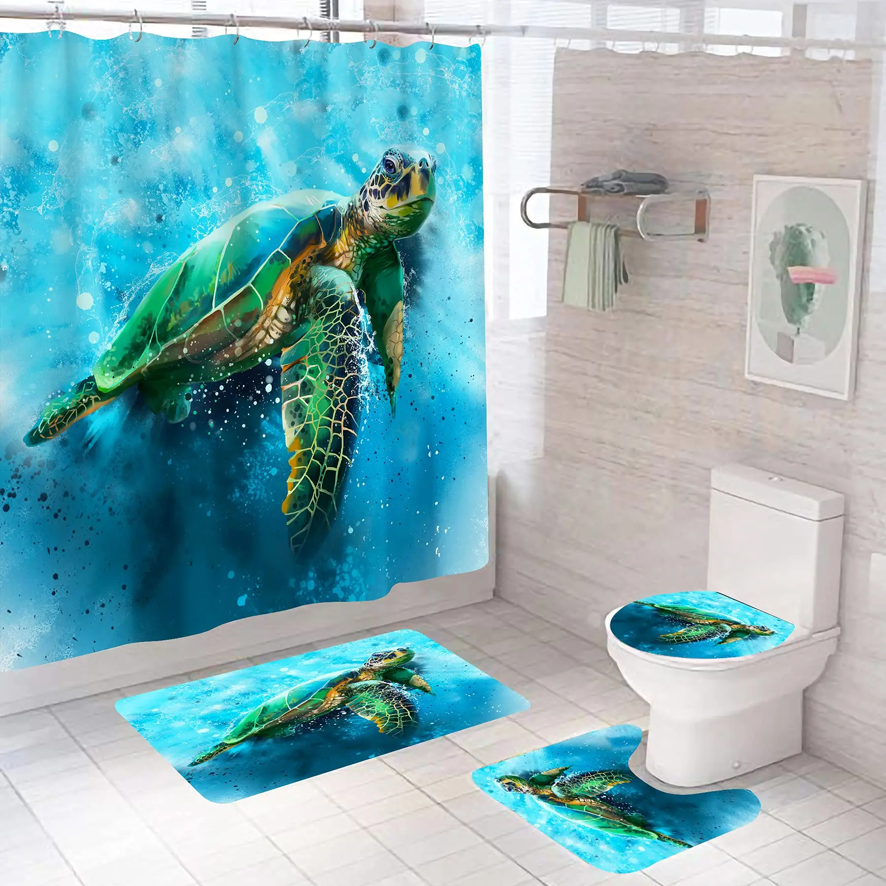 Deniz Kaplumbağası Duş perde seti Kaymaz Halılar Tuvalet kapak Banyo Paspas Deniz Okyanus Banyo Perdeleri Dayanıklı Su Geçirmez Görüntü 3