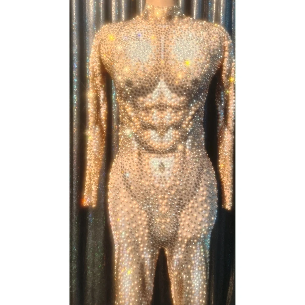 Elmas Bodysuit dans kostümü J Gece Kulübü Kıyafet Performans İnciler Rhinestones Tulum Elastik Leotard Modern Şarkıcı Kıyafeti Görüntü 0