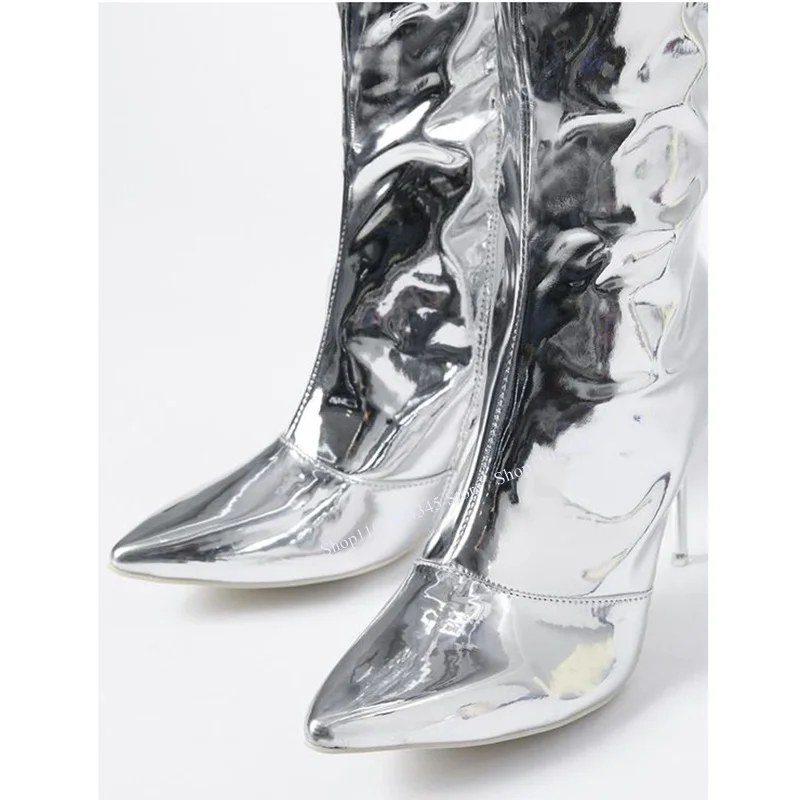 Gümüş Sığ Çizmeler Sivri Burun İnce Yüksek Topuk Rugan Serin Moda Seksi Yaz 2023 Kadın Ayakkabı Zapatillas Mujer Görüntü 1