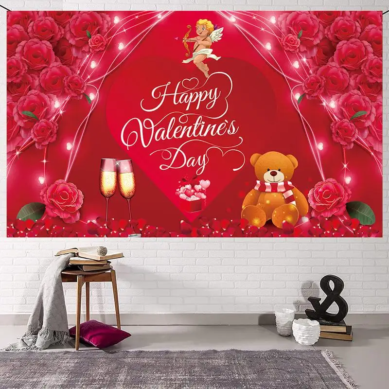 Sevgililer Günü Dekorasyon Fotoğraf Arka Planında Şubat Kalp Glitter Kırmızı Güller Kurulu Parti Fotoğraf Arka Plan Görüntü 1