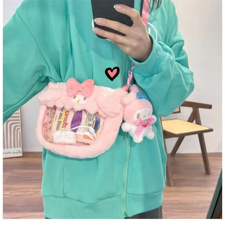 Yeni Kawaii Sanrio Benim Melody Kuromi Temizle pelüş çanta Cinnamoroll askılı çanta Sevimli Lolita Peluş Crossbody Çanta Çocuk Kız Hediye Görüntü 4