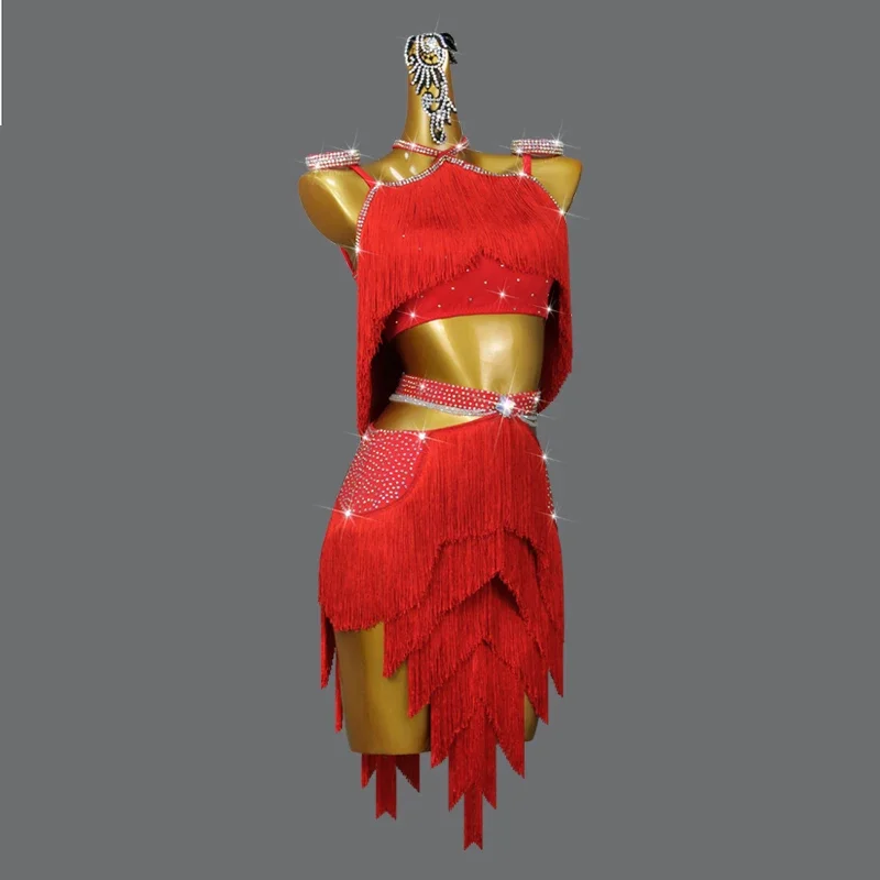 Yeni Profesyonel Kırmızı Latin Dans Püskül Elbise Kıdemli Kızların Rekabet Giyim Balo Salonu Etekler Yetişkin Üstleri Kadın Uygulama Giyim Görüntü 2