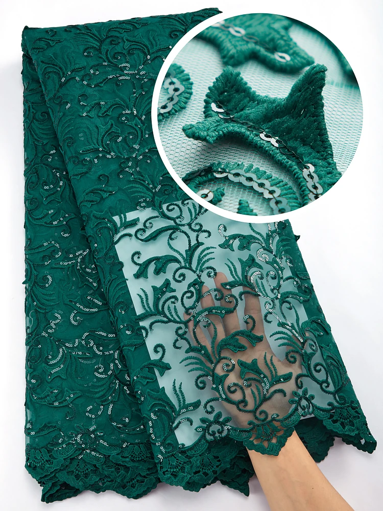 Zhenguiru Yeşil Afrika Nijeryalı Dantel Kumaşlar Fransız Tül 3D Çiçek Sequins Dantel Kumaş Kadınlar İçin Elbise Malzemesi A2848 Görüntü 0